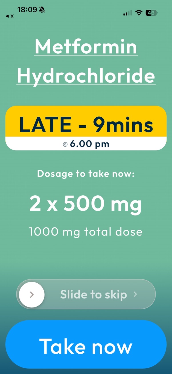 Full-screen dose alert for Metformin Hydrochloride with Slide to skip and Take now actions
