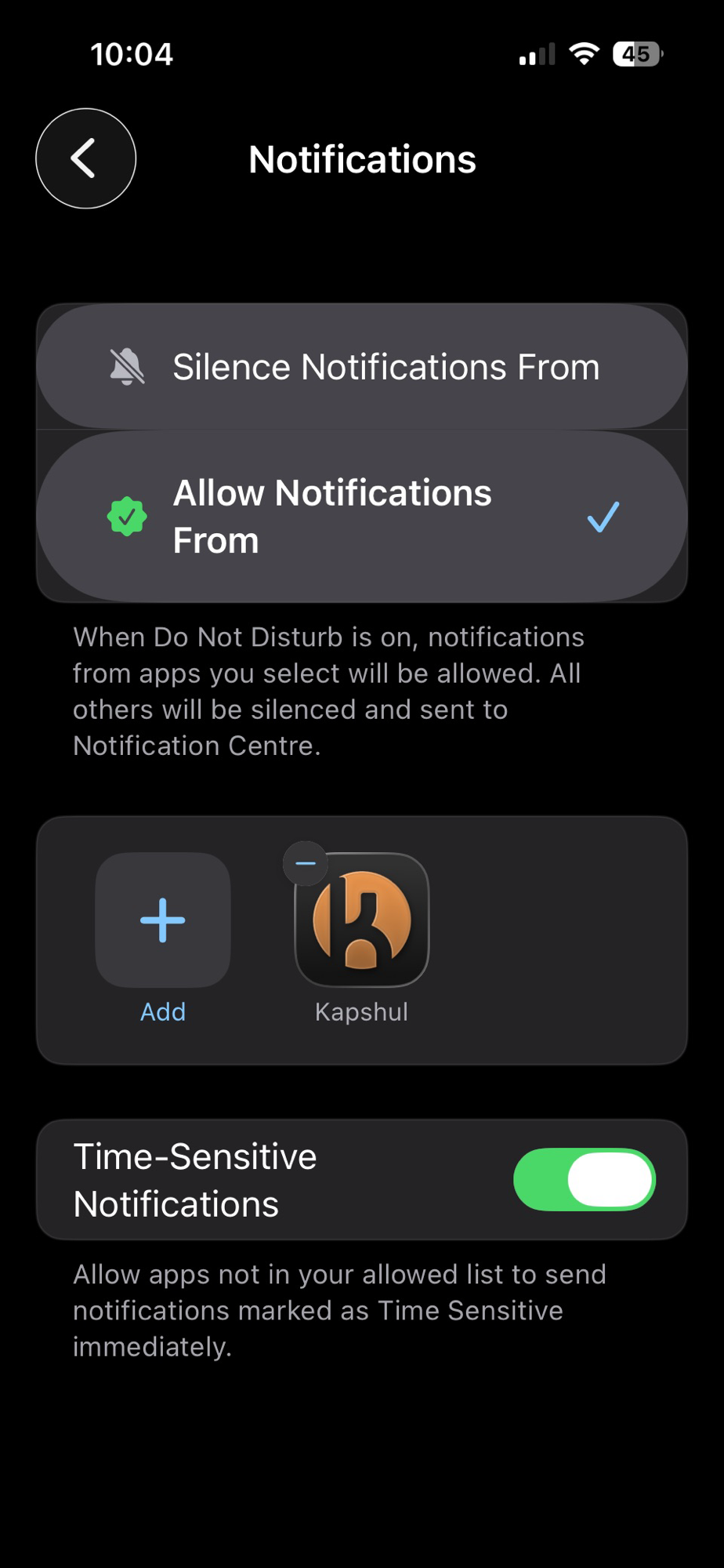Allowing Kapshul through an iPhone Focus mode: iOS Settings → Focus, choosing a Focus, then Allow Notifications From with Kapshul added and Time-Sensitive Notifications on — step 3