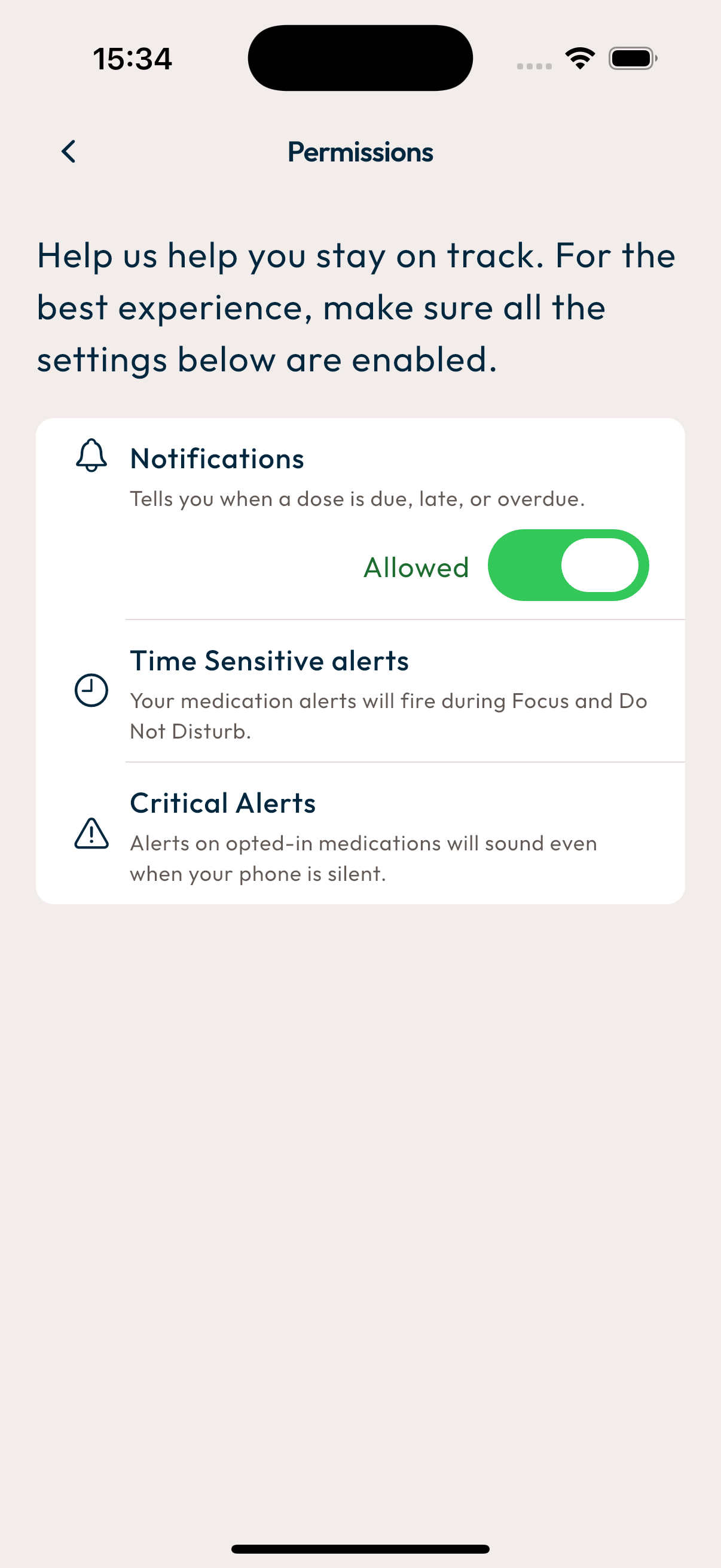Kapshul Settings → Permissions screen with Notifications set to Allowed, plus Time-Sensitive and Critical Alerts rows