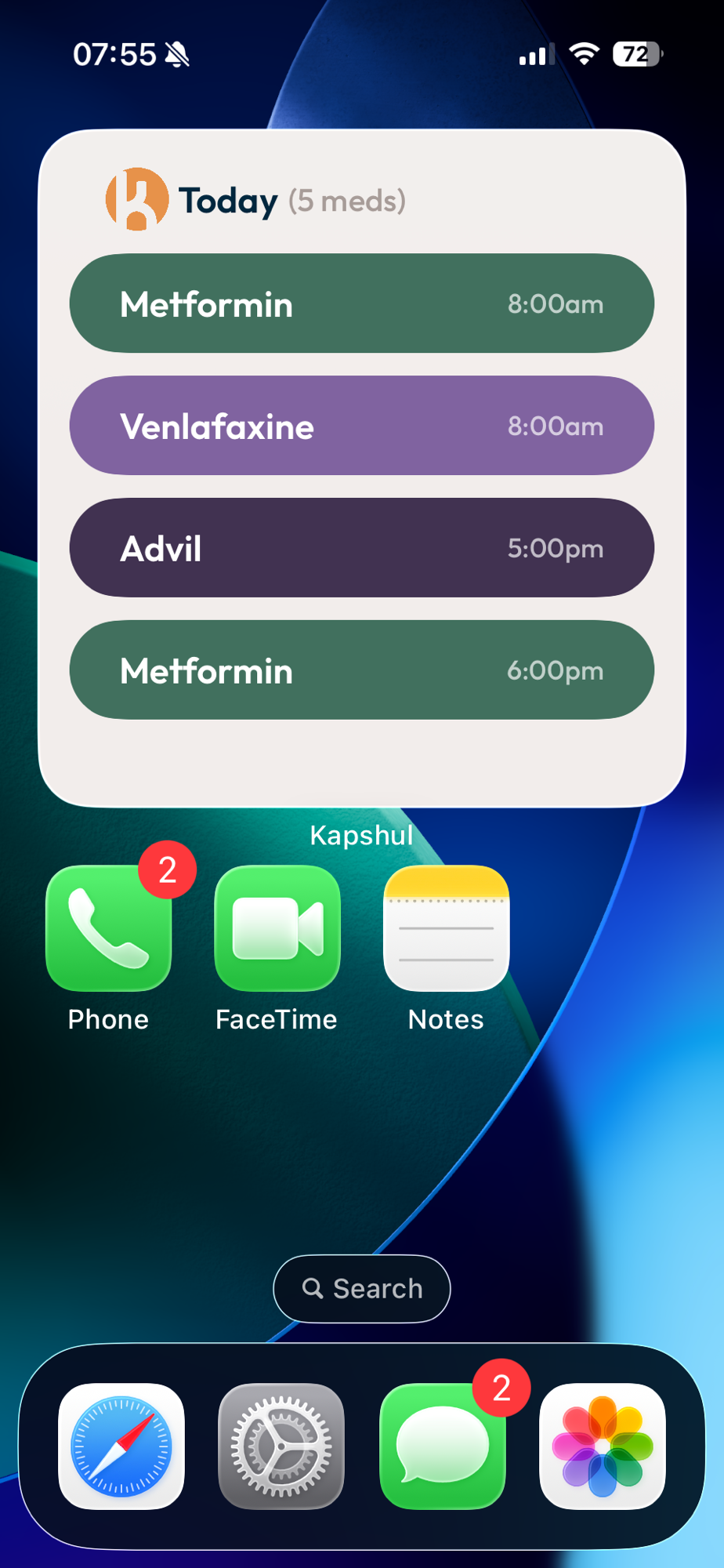 Kapshul large widget showing four upcoming medication doses